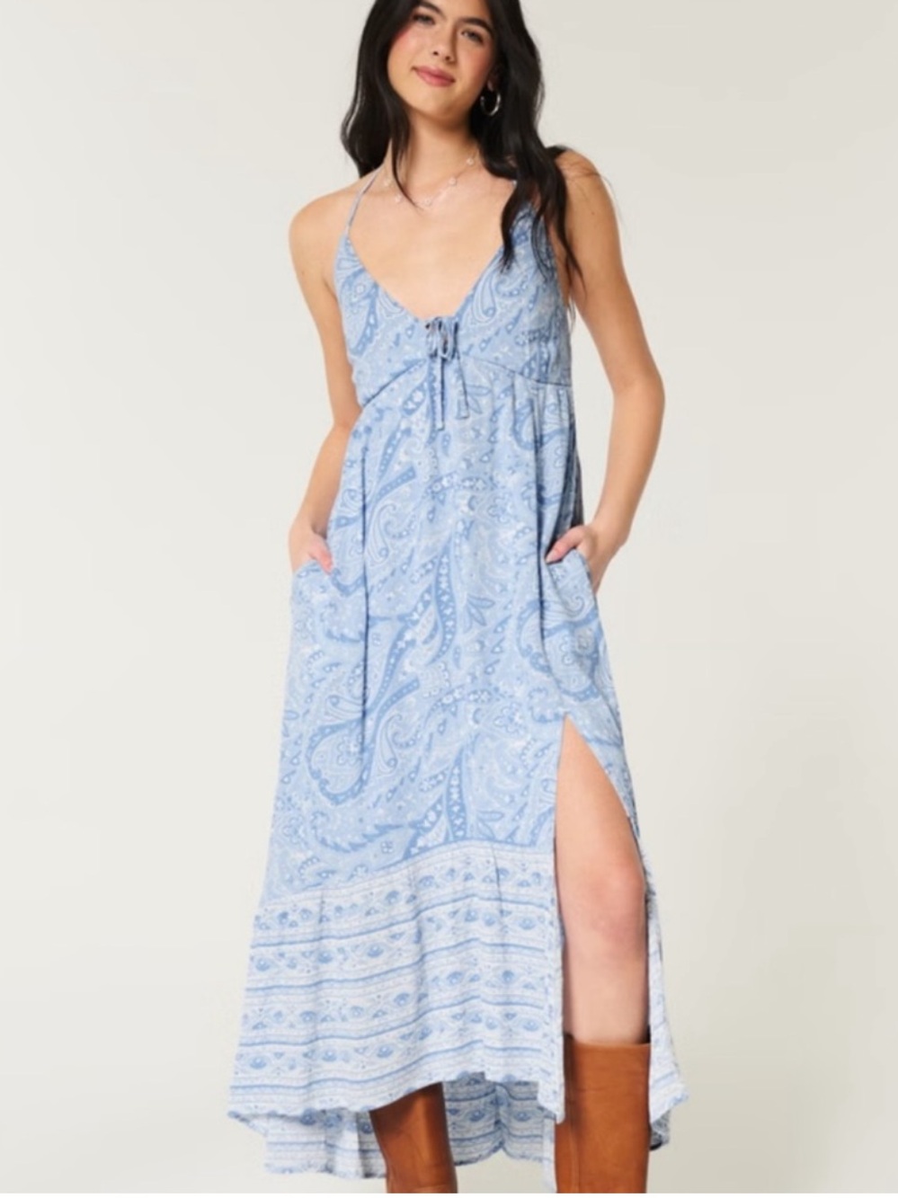 Hollister Blue Paisley Asymmetrical Halter Maxi Dress